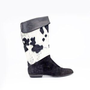 Stuart Weitzman Cow-Print Pony Hair Below the Knee Flat Boots